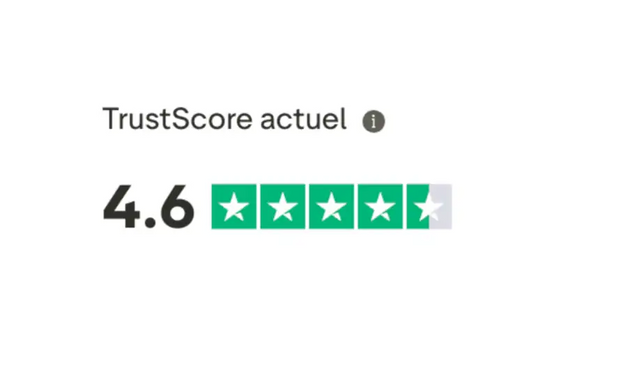 Un affichage d'évaluation en étoiles vertes et blanches montrant un score de confiance de 4,6 avec quatre étoiles pleines et une étoile partiellement remplie.